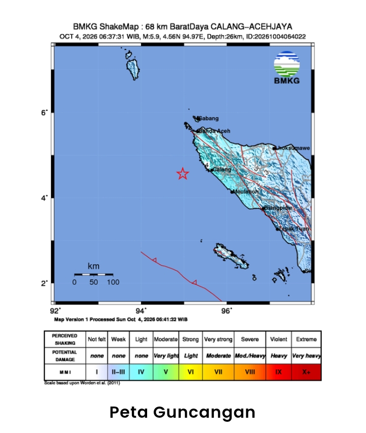 Gempa Magnitudo 5,9 Guncang Wilayah 68 Kilometer Barat Daya Calang, Aceh Jaya